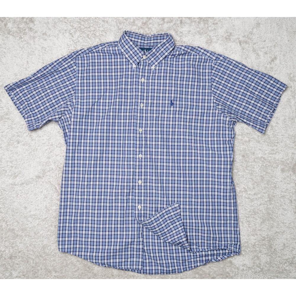 Ralph Lauren Blue White Plaid Short Sleeve Custom Fit Button Down Shirt Mens XL